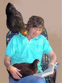 Photo - Cary Neeper shares a favorite book with her two hens, Gwen and Ami.